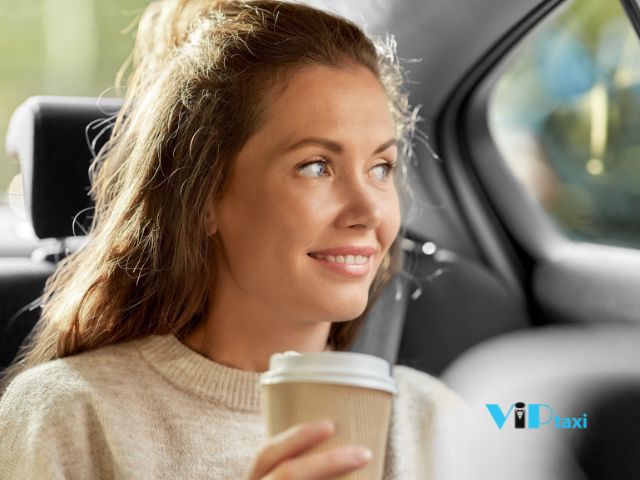 College Student Going Back to School Getting Coffee While Conveniently Riding VIP Taxi Student Transportation in Arizona