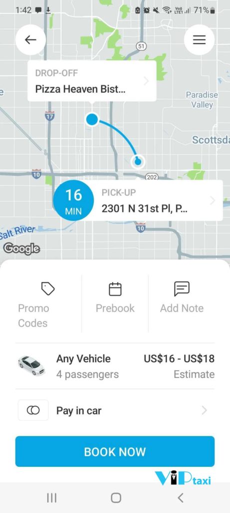 VIP Taxi App Showing Ride Tracking and Pickup Details