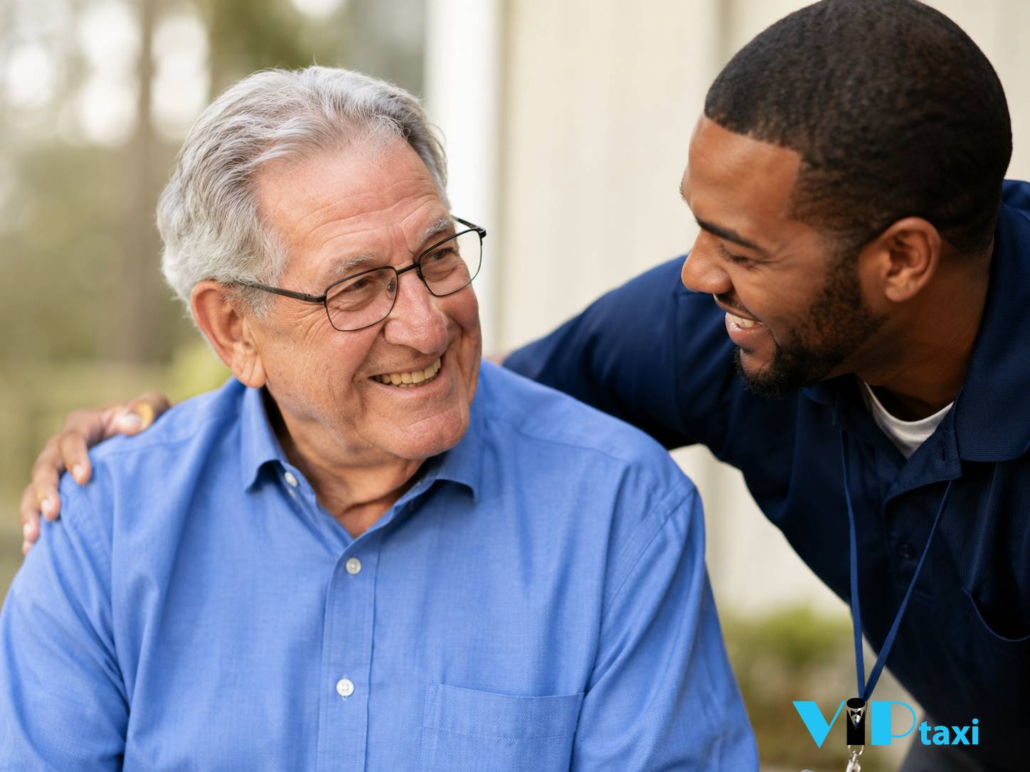Senior Rider Smiling with Supportive Transportation Driver